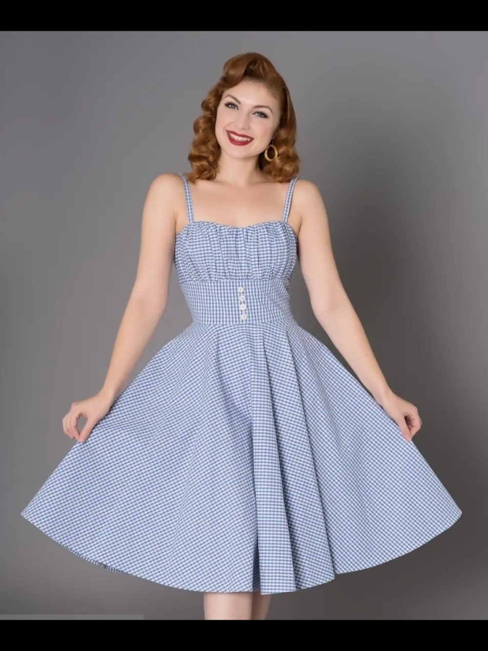 Timeless London Blue Gingham Retro Sundress Buttoned Waist Size 12 NWT (6692)